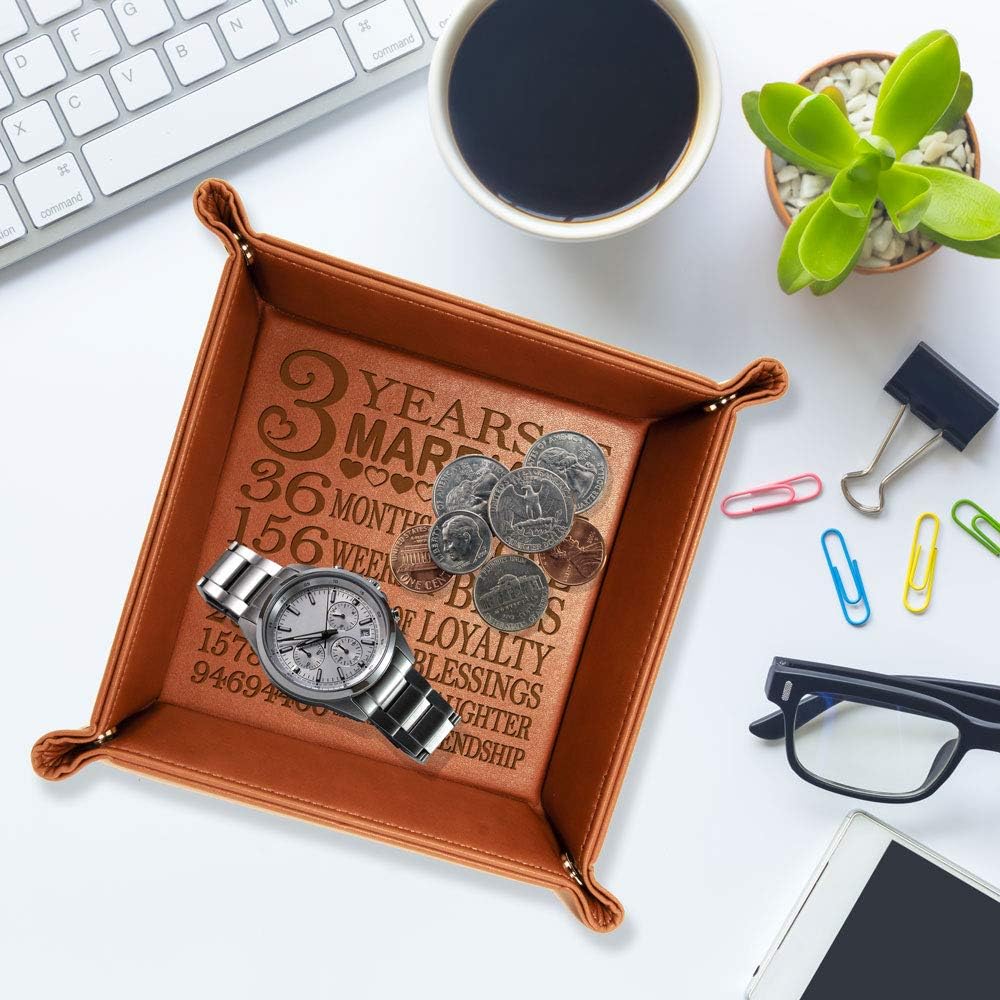 3 Years of Marriage Brown Leather Tray