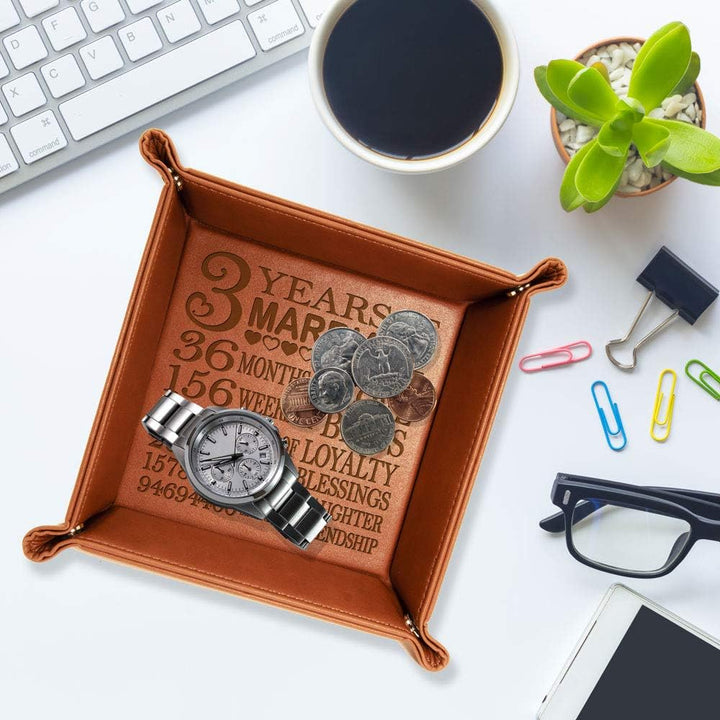 3 Years of Marriage Brown Leather Tray