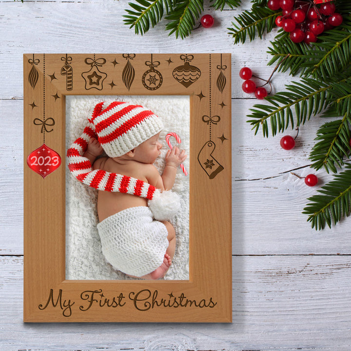 My First Christmas Red Ornament Wood Frame