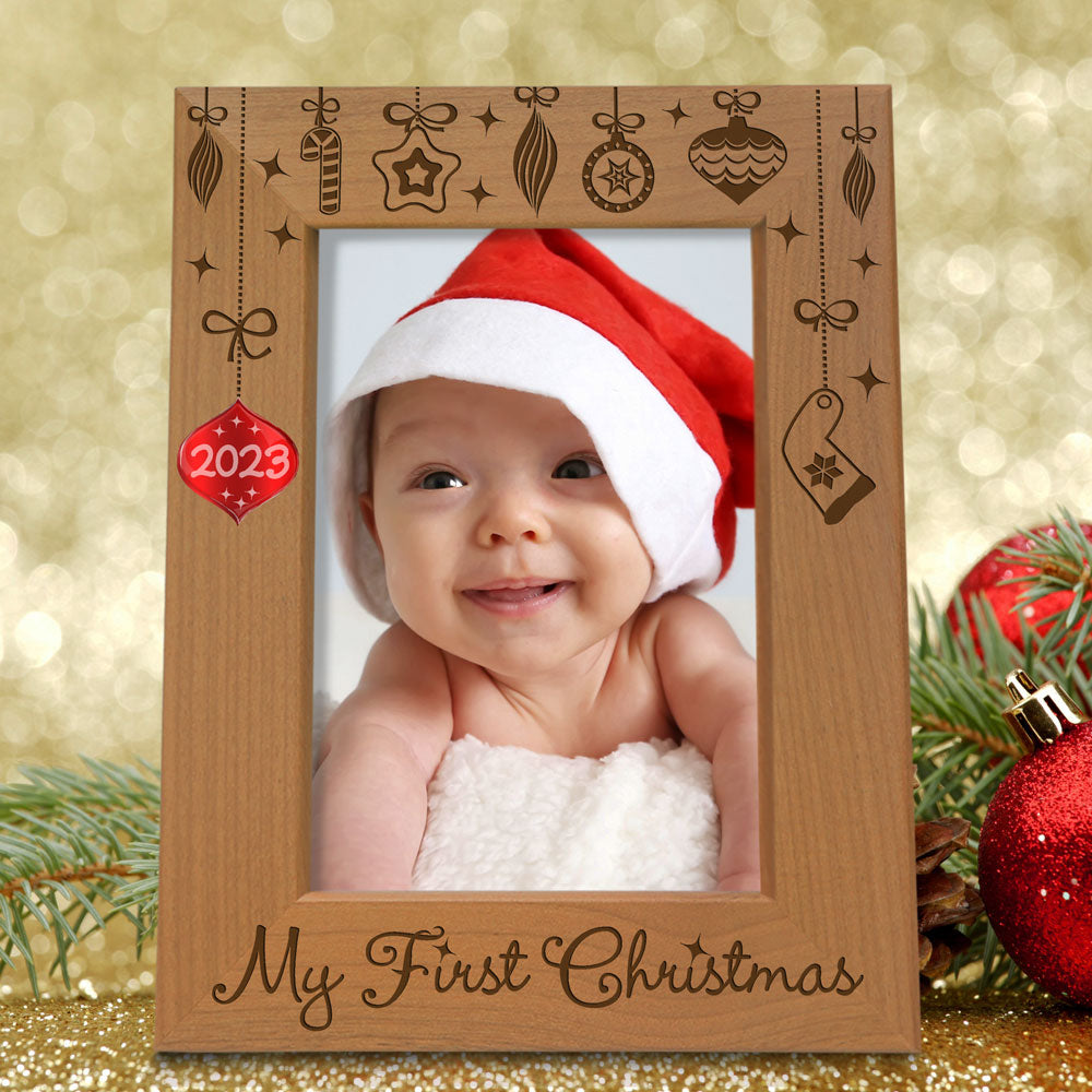 My First Christmas Red Ornament Wood Frame