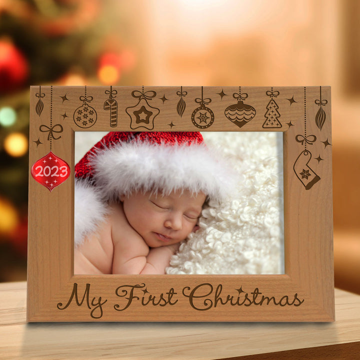 My First Christmas Red Ornament Wood Frame