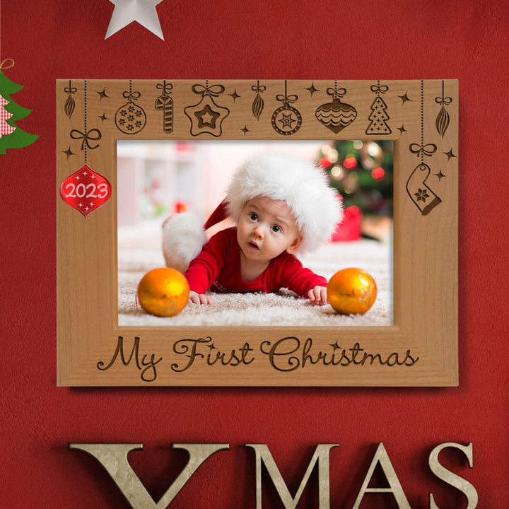 My First Christmas Red Ornament Wood Frame
