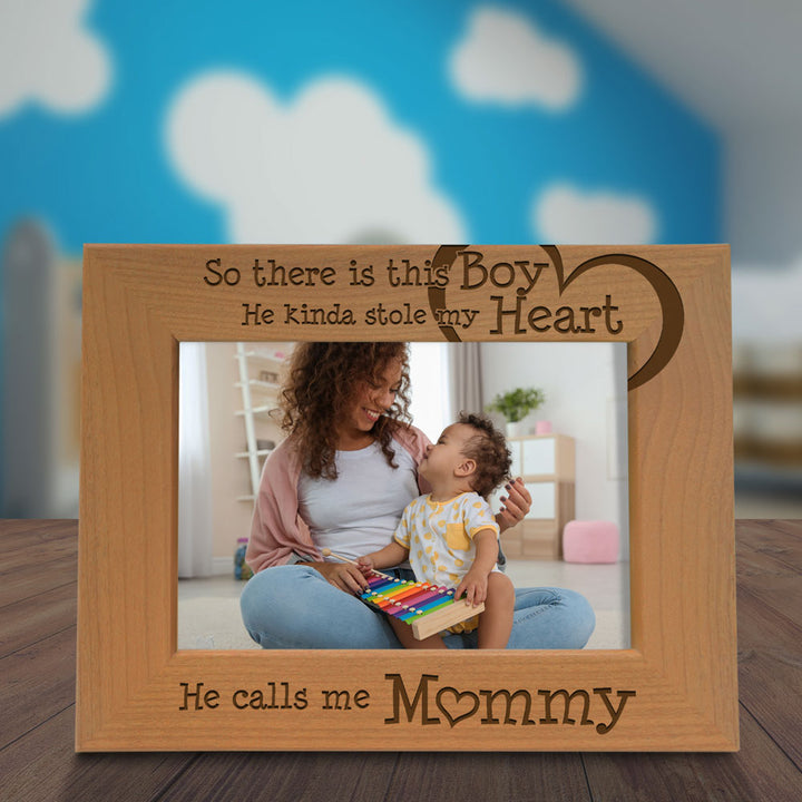 Boy Heart Mommy Engraved Wood Frame