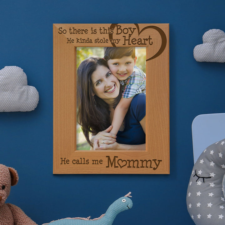 Boy Heart Mommy Engraved Wood Frame
